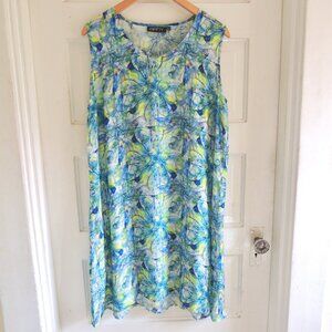 APNY Blue & Green Silky Cupro Watercolor Shift Dress L
